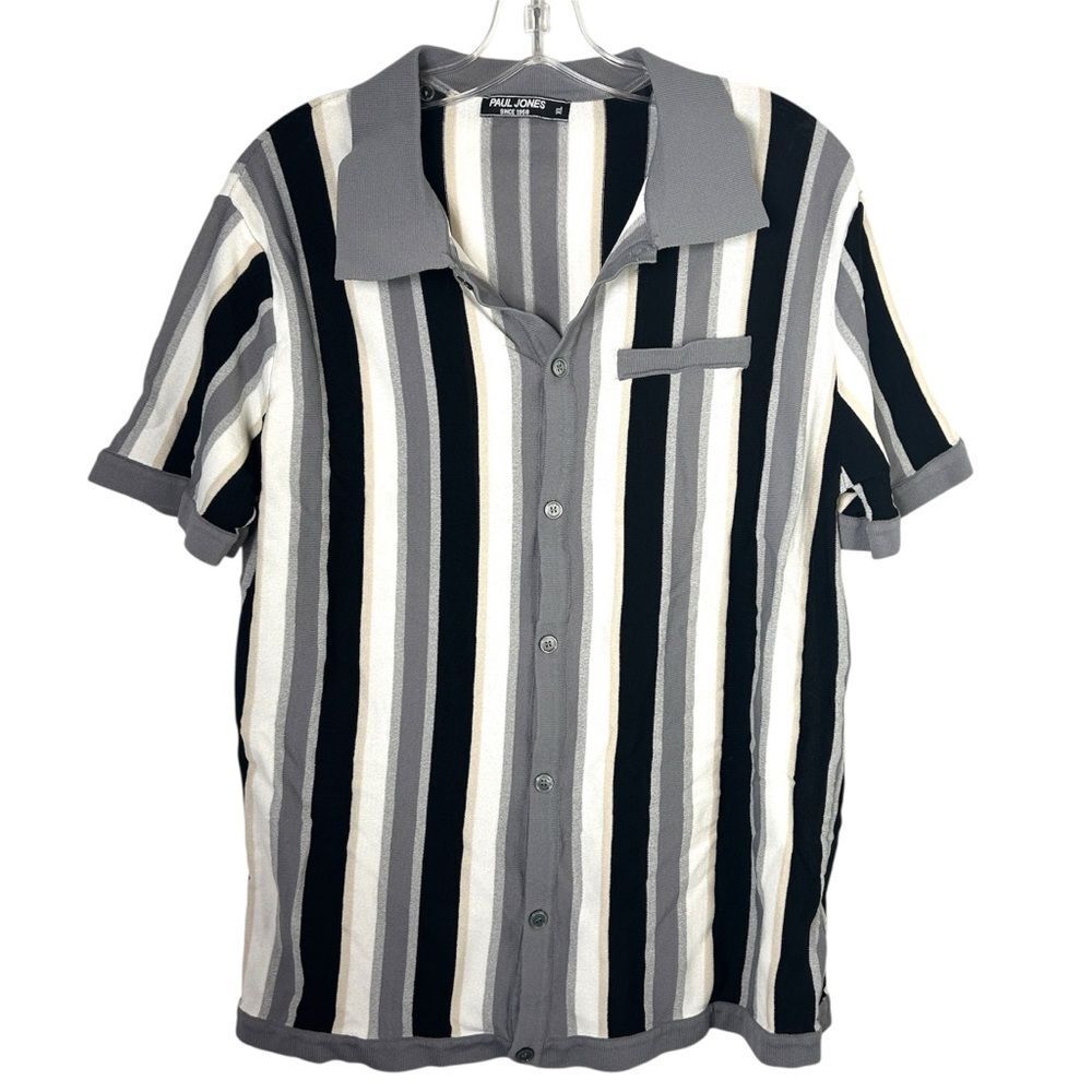 Paul jones MENS polo shirt knit XL grey black white vtg striped sopranos preppy